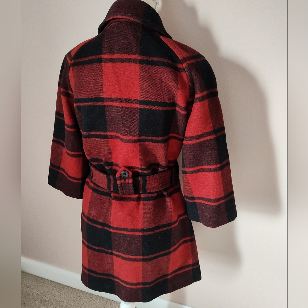 🥰 Vintage Y2K (2008) GAP Buffalo Plaid 3/4 Sleeve Mid Length Wool Pea Coat, SM - Picture 9 of 15